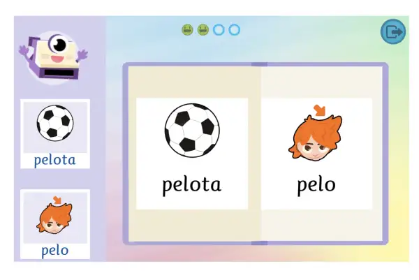 Un personaje animado enseña la **lectura global** de "pelota" y "pelo" con imágenes y texto.