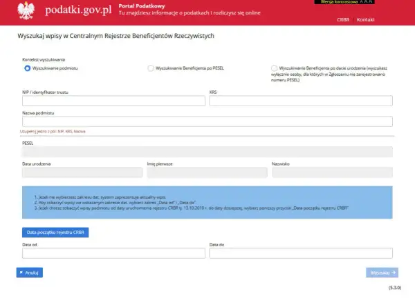 Formularz wyszukiwania beneficjenta rzeczywistego w CRBR. Można szukać po podmiocie, PESEL lub dacie urodzenia.