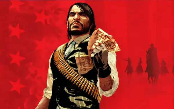 John Marston z Red Dead Redemption na PS5, z plakatami "Wanted" w ręku.