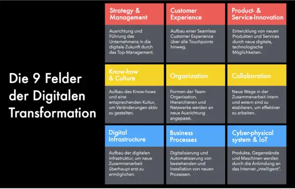 Die 9 Felder der digitalen Transformation: Strategie, Kundenerlebnis, Produktinnovation, Know-how, Organisation, Kollaboration, digitale Infrastruktur, Geschäftsprozesse und Cyber-physical Systems.
