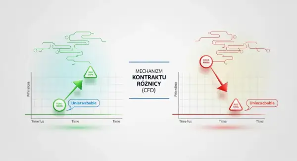 Grafika ilustruje mechanizm kontraktu różnicowego (CFD). Po lewej zielony wykres pokazuje wzrost, po prawej czerwony spadek.