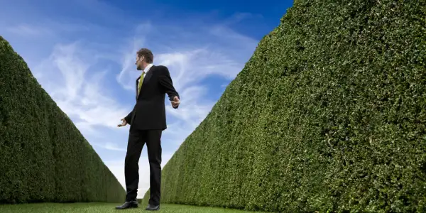 Mann im Anzug steht vor einer Hecke, die wie ein Labyrinth wirkt. Er wirkt ratlos, als ob er eine christliche Sekten Liste sucht.