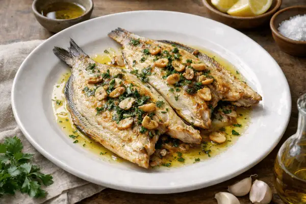 Dos lubinas a la plancha, doradas y jugosas, servidas en un plato blanco con perejil picado y láminas de ajo crujientes. Un festín sencillo y delicioso.