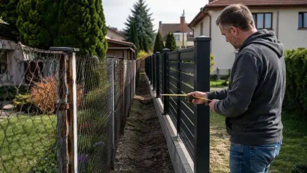 Mężczyzna mierzy nowy, ciemny płot, który stoi tuż obok starego, zardzewiałego. Czy można postawić płot przy płocie?