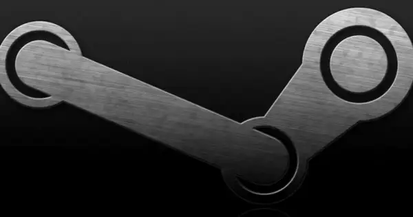 Metaliczne logo Steam na czarnym tle. Platforma powstała w 2003 roku, rewolucjonizując cyfrową dystrybucję gier.