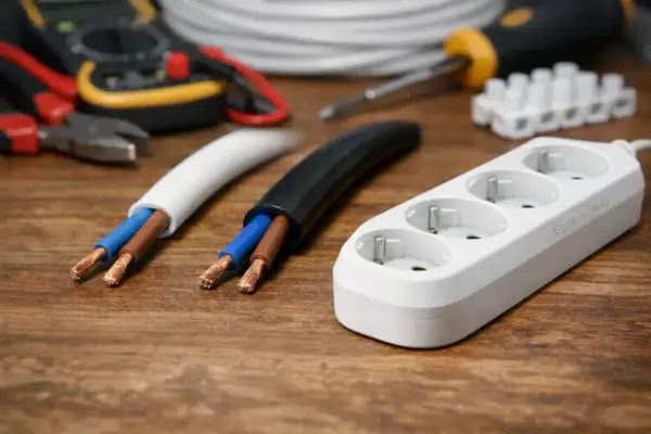 Dwa przewody, biały i czarny, odsłaniające miedziane żyły. Obok biały przedłużacz z trzema gniazdami. W tle narzędzia elektryczne.