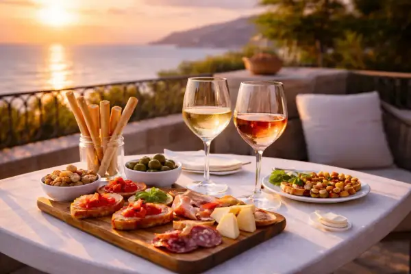 Un aperitivo al tramonto con due calici di vino, stuzzichini, salumi, formaggi e olive. Perfetti pinot grigio abbinamenti per godersi la vista.