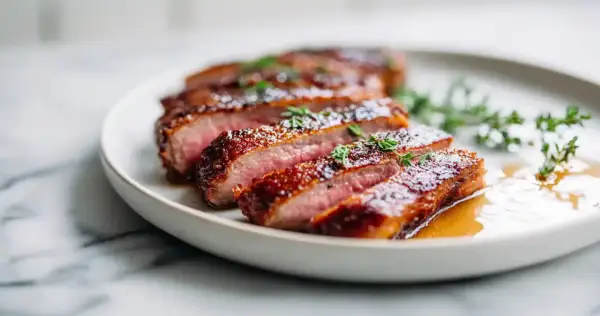 Tranches de filet de canette juteux, nappées d'une sauce brillante et garnies de thym frais, sur une assiette blanche.