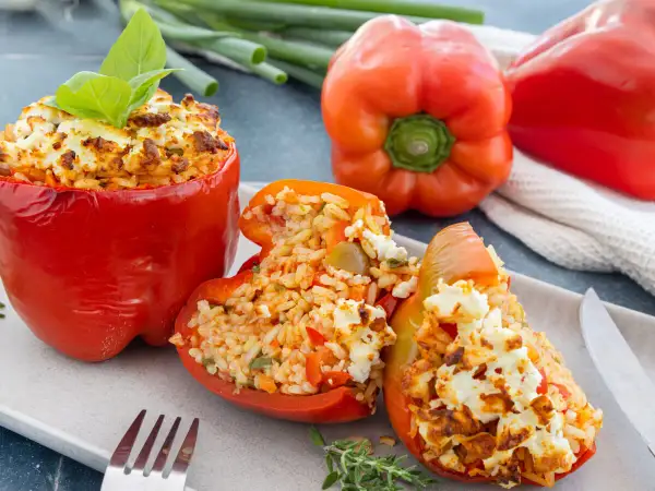 Gefüllte Paprikaschoten mit Reis und Feta – ein köstliches paprikaschoten rezept. Frisch, bunt und lecker!