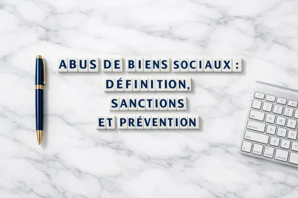 Lettres sur un fond marbre : "Abus de biens sociaux : définition, sanctions et prévention". Stylo et clavier à proximité.