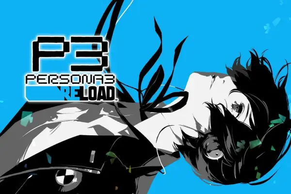 El logo de Persona 3 Reload con un personaje anime de pelo negro mirando hacia arriba.