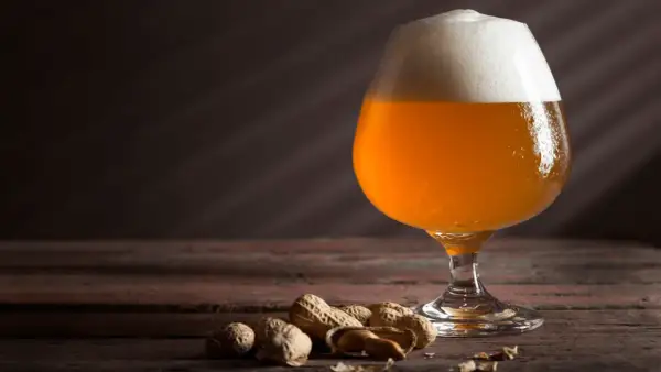Un bicchiere di keller beer dorata con schiuma bianca, accompagnata da arachidi su un tavolo di legno scuro.