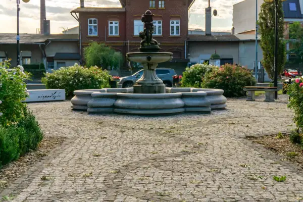 Kamienna fontanna i ławka w otoczeniu kwitnących krzewów róż tworzą urokliwy zakątek, jakby z najładniejszej wsi w Polsce.