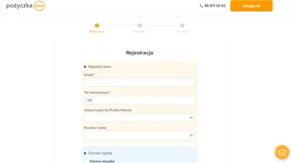 Formularz rejestracyjny Pożyczka Plus. Uzupełnij dane, aby zalogować się do swojego profilu.