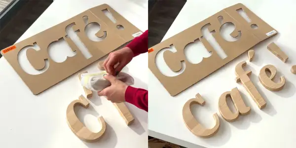 Un gabarit lettre en carton pour "café !" et des lettres en bois prêtes à être assemblées.