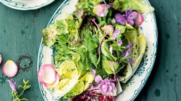 Frischer Blattsalat mit essbaren Blüten und Radieschen, ein frühlingshaftes Salat Rezept.