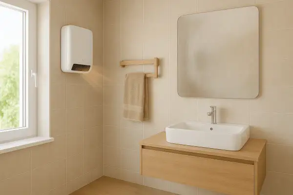 Un appareil blanc diffuse de la chaleur pour chauffer la salle de bain. Une serviette est suspendue à un porte-serviettes en bois.