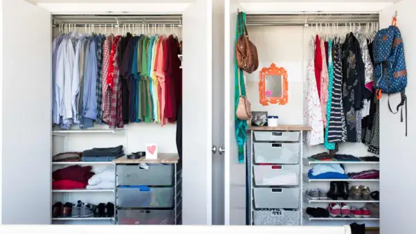 A well-organized closet with hanging clothes, folded items, shoes, and mesh drawers, showcasing a functional diy closet organizer.