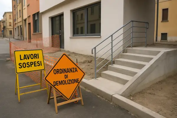Segnali stradali indicano "Lavori sospesi" e "Ordinanza di demolizione" davanti a un cantiere. L'edilizia libera è ferma.