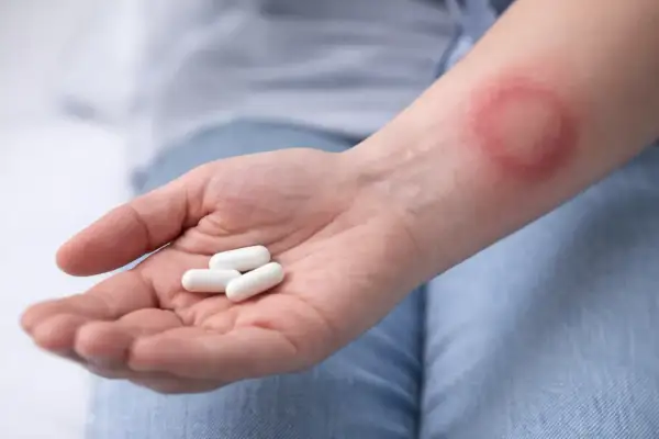 Dłoń z kilkoma białymi kapsułkami, obok zaczerwieniona wysypka na przedramieniu, być może reakcja na biotrakson.