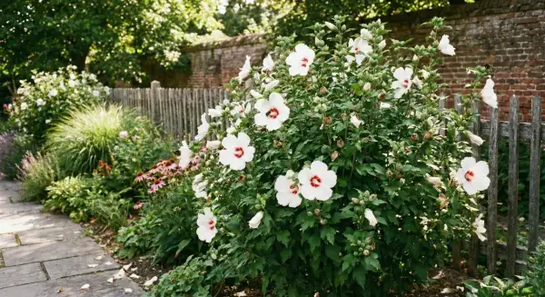 Krzew białego hibiskusa z czerwonymi środkami kwiatów, kwitnący przy drewnianym płocie. Idealne stanowisko dla hibiskusa.