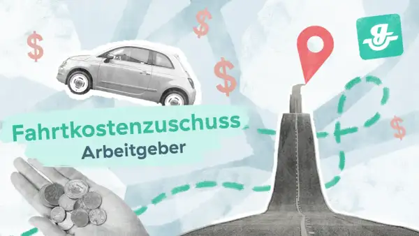Fahrtkostenzuschuss vom Arbeitgeber: Ein Auto, Münzen in der Hand und eine rote Zielmarkierung symbolisieren steuerfreie Erstattung für Pendler.