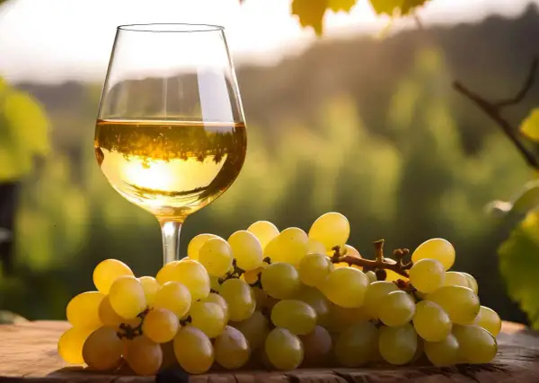 Calice di vino bianco e grappoli d'uva dorata su un tavolo di legno. Le caratteristiche del vino Lugana si riflettono nel colore ambrato e nella freschezza.