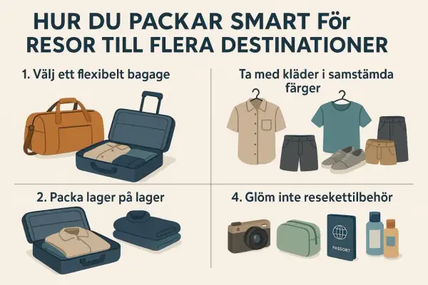 Packa smart för resor! Bilden visar hur du väljer flexibelt bagage, kläder i samstämmiga färger, packar lager på lager och inte glömmer resetillbehör som kamera och pass. Bra cykel utrustning är också viktigt!