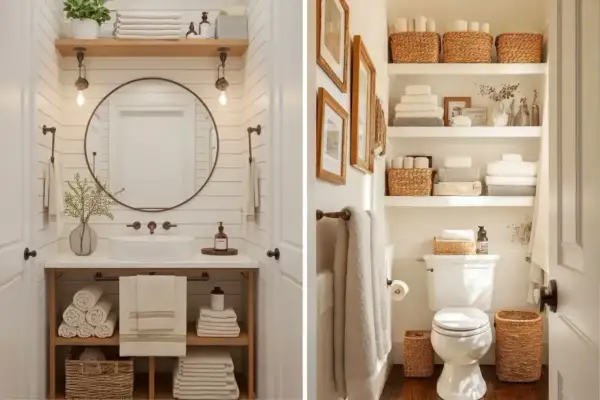 Dos baños reformados con estilo rústico. Uno con lavabo sobre mueble de madera y espejo redondo. El otro con estanterías llenas de toallas y cestas.