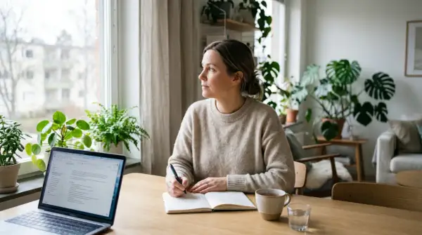 Kvinna skriver i anteckningsbok vid fönstret, omgiven av växter. Hon verkar fundera på en **gad behandling**.