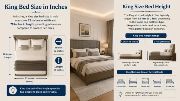A king size bed measures 72 inches wide and 78 inches long, offering ample space for comfortable sleep.