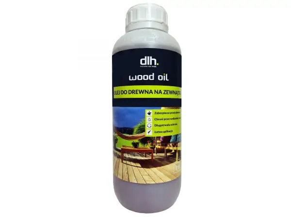 Olej do impregnacji drewna na zewnątrz DLH Wood Oil. Chroni drewno tarasowe przed plamami i wilgocią, zapewniając długotrwałą ochronę.
