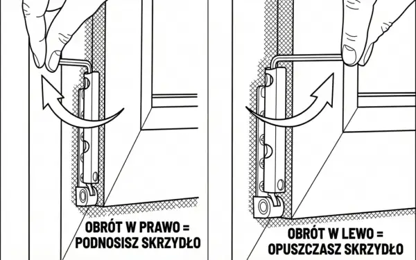 Regulacja docisku okna: obrót kluczem w prawo podnosi skrzydło, w lewo opuszcza.