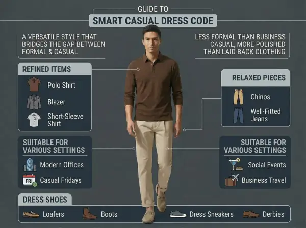 Mann im Smart Casual Look: braunes Poloshirt, Chinos, Loafers. Ideal für moderne Büros und Casual Fridays.