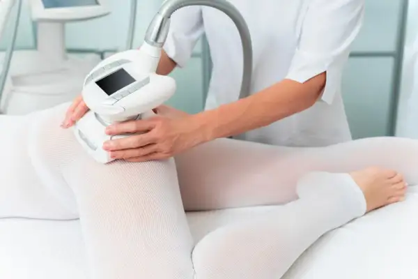 Zabieg endermologii na uda. Kiedy efekty? Widoczna głowica urządzenia masująca skórę przez specjalną odzież.