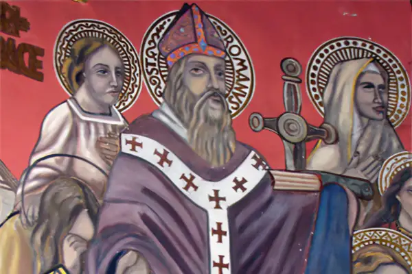 Św. Roman patron, w otoczeniu świętych, z mieczem i księgą.