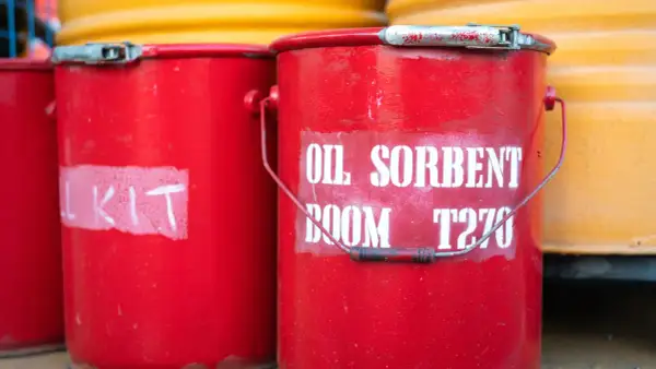 Czerwone wiadra z napisem "OIL SORBENT BOOM T270" i "KIT" gotowe do użycia. Dysperbent czeka na akcję.