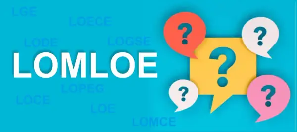 El texto "LOMLOE" destaca entre otras siglas educativas. Burbujas de diálogo con signos de interrogación sugieren dudas sobre la competencia lingüística.