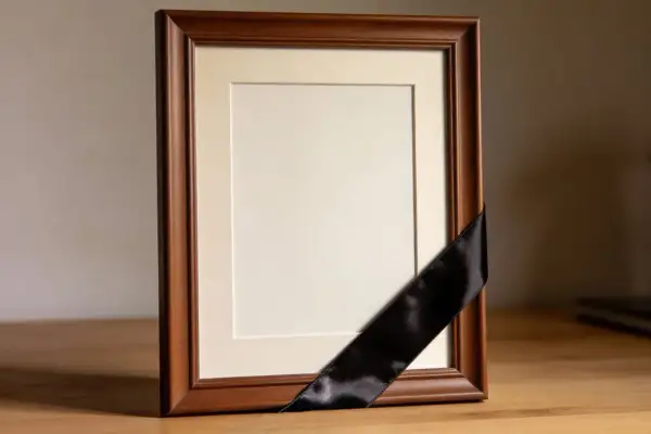 Pusta ramka na zdjęcie z czarną wstążką śmierci, symbol żałoby i straty.