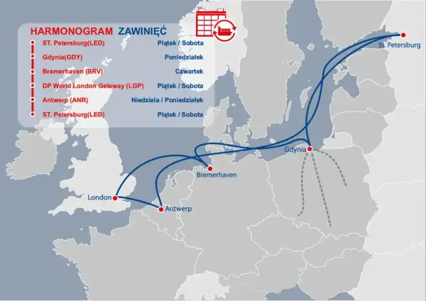 Mapa pokazuje trasy statków między St. Petersburgiem, Gdynią, Bremerhaven, Antwerpią i Londynem. Gdzie jest Londyn? Na mapie widać go na zachód od Europy kontynentalnej.