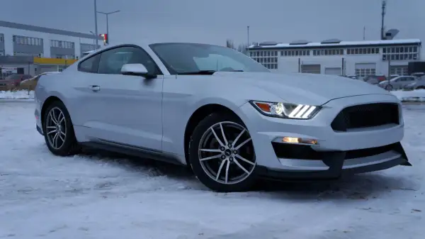 Srebrny Mustang 2.3 Ecoboost na śniegu, gotowy na zimowe wyzwania.
