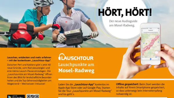 Radfahrer am Mosel-Radweg nutzen die "Lauschtour-App" für Entdeckungen. Die Tour bietet 40 Stopps mit Infos zu Landschaft und Sehenswürdigkeiten.