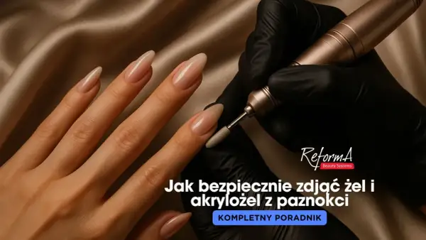 Dłoń z długimi paznokciami, na których widać proces usuwania żelu frezarką. Dowiedz się, jak zdjąć żel z paznokci w domu bez acetonu.