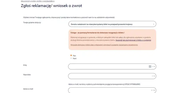 Formularz zgłoszenia reklamacji/wniosku o zwrot. Pytanie: czy można zwrócić bilet PKP Intercity.