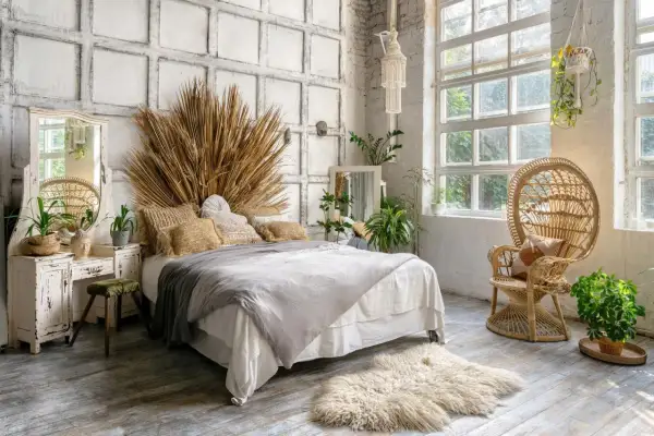 Sypialnia w stylu boho z łóżkiem, wiklinowym fotelem i dużą ilością roślin. Dominują naturalne materiały i ciepłe, ziemiste odcienie, tworząc przytulny klimat.