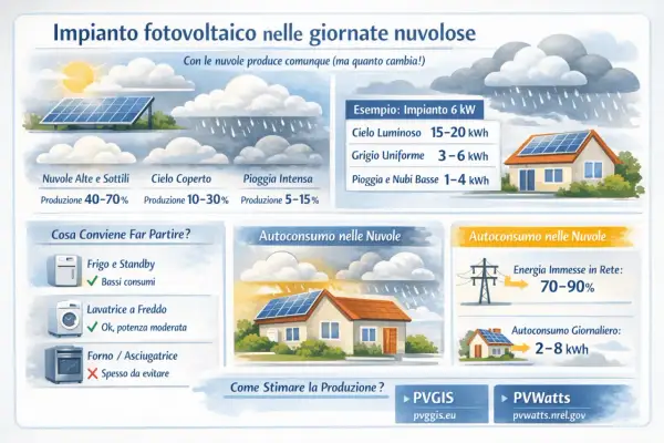 Impianto fotovoltaico: anche con nuvole, la produzione varia. Esempio: 6 kW con cielo luminoso 15-20 kWh, grigio 3-6 kWh. L'effetto fotovoltaico è sempre attivo.