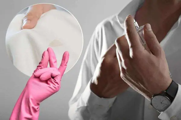Guanto rosa mostra macchie di profumo su una camicia bianca, mentre un uomo si spruzza il profumo.