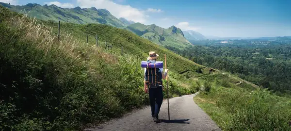 Pielgrzym w kapeluszu i z plecakiem idzie ścieżką przez zielone wzgórza. To jedna z malowniczych tras Camino de Santiago.