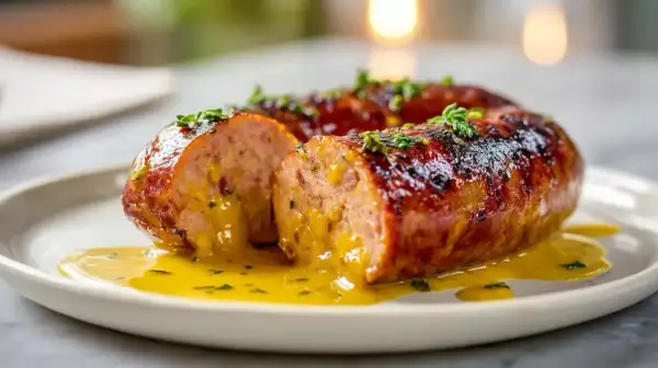 Andouillette dorée et juteuse, coupée en deux, baignant dans une sauce onctueuse. Un délice préparé à l'air fryer.