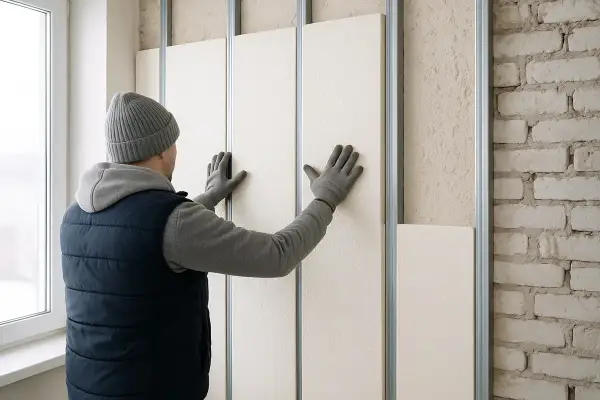 Lavoratore posiziona pannelli di polistirolo su una struttura metallica, mostrando come isolare una parete interna con polistirolo per migliorare l'efficienza energetica.
